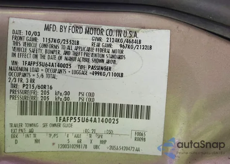 2004 Ford Taurus Ses z USA, uszkodzony, nr VIN 1FAFP55U64A140025